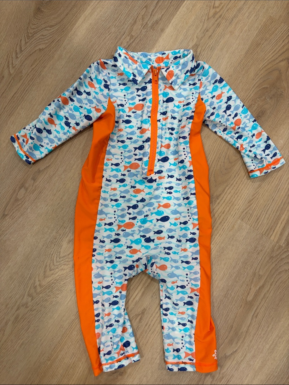 UV Skins Orange and Blue Fish Print Long-Sleeve One-Piece swim suit 3T